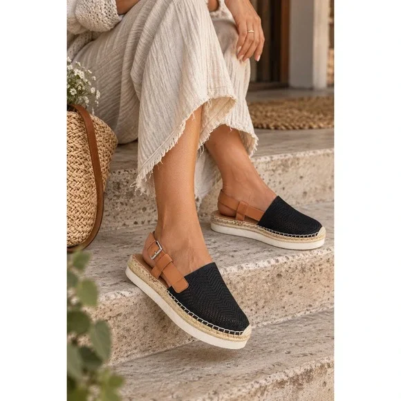 Vince Camuto Brettal Black Tan Leather Perforated Platform Espadrille Sandal 9.5
