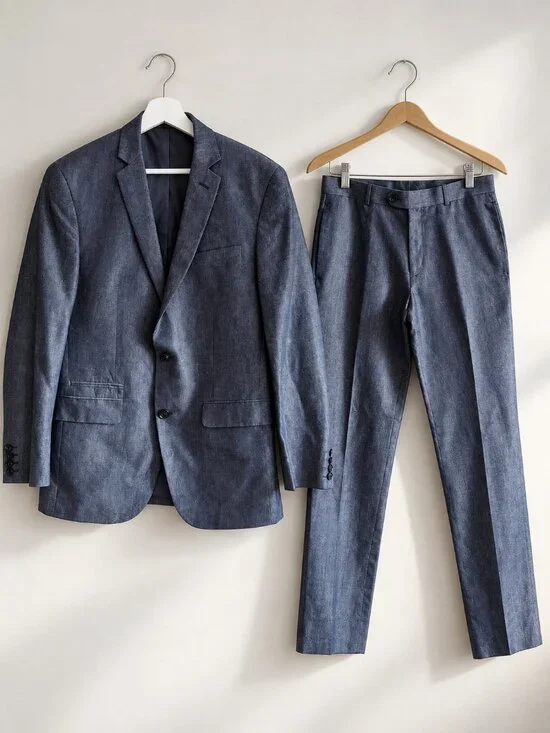 Bar III Men's 38R 31R Blue Cotton Linen Slim Fit 2pc Suit Quiet Luxury Business