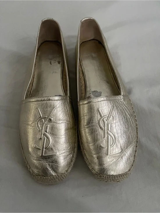 Yves Saint Laurent Silver Leather Espadrille Slip-Ons