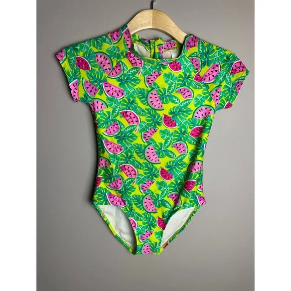 Cat & Jack Girls Watermelon Tropical Rash Guard One Piece Swimsuit Green L 10/12