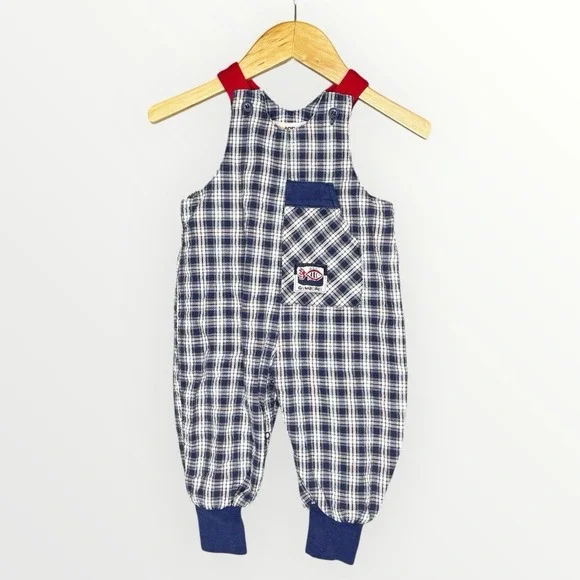 Gymboree Vintage Rainbow Tag 90s Blue Plaid‎ Seersucker Romper Boys Infant 3-6 M