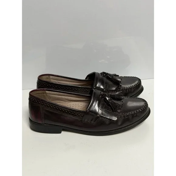 BASS Men's Loafers US Size 9W Black 100% Leather Tassel Slip-On Burgundy C-4