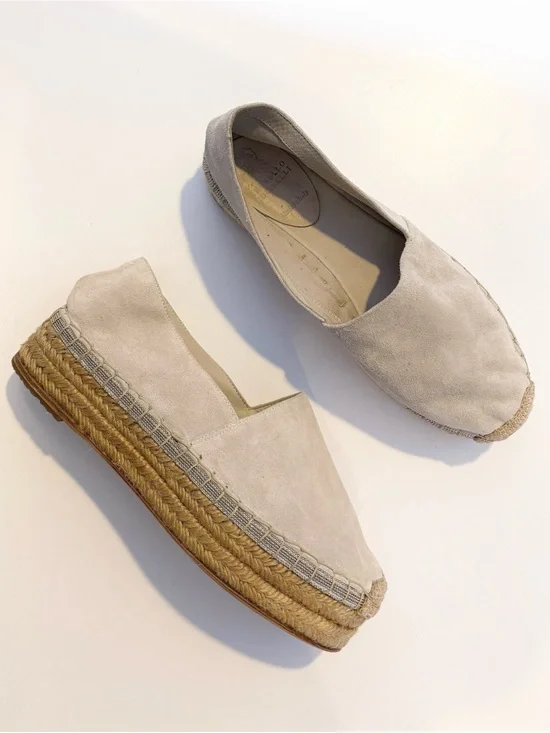 Brunello Cucinelli || Platform Suede‎ Espadrilles Beaded in Dove Beige Tan 37