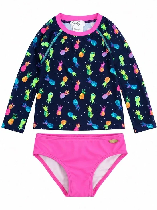 Jessica Simpson Navy Pineapple Print Rashguard Set with Bright Pink Bottoms