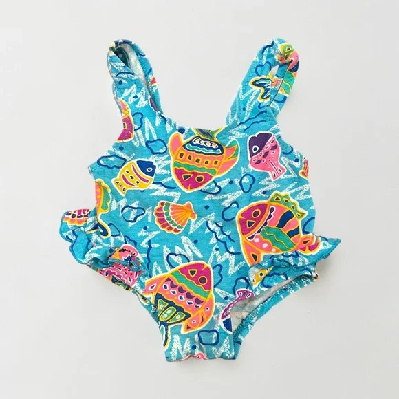 VTG Cole of California Tropical Fish Ruffle One Piece Swimsuit 18M‎ Baby Blue