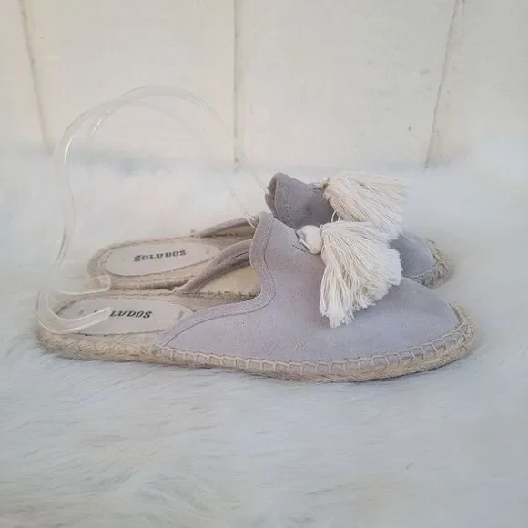 Soludos Tassel Espadrille Mules Womens size 7 Shoes Flats Natural Suede Gray