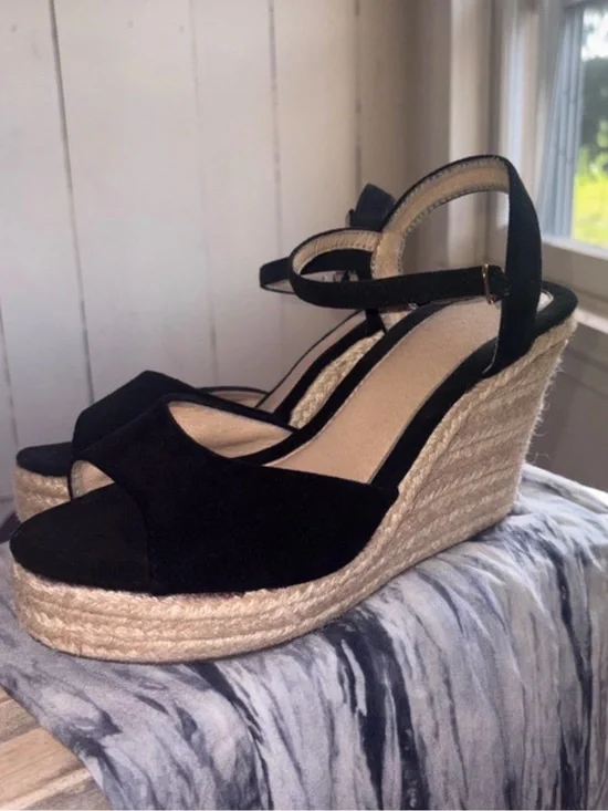 Black Espadrille Wedge Sandals with Ankle Strap