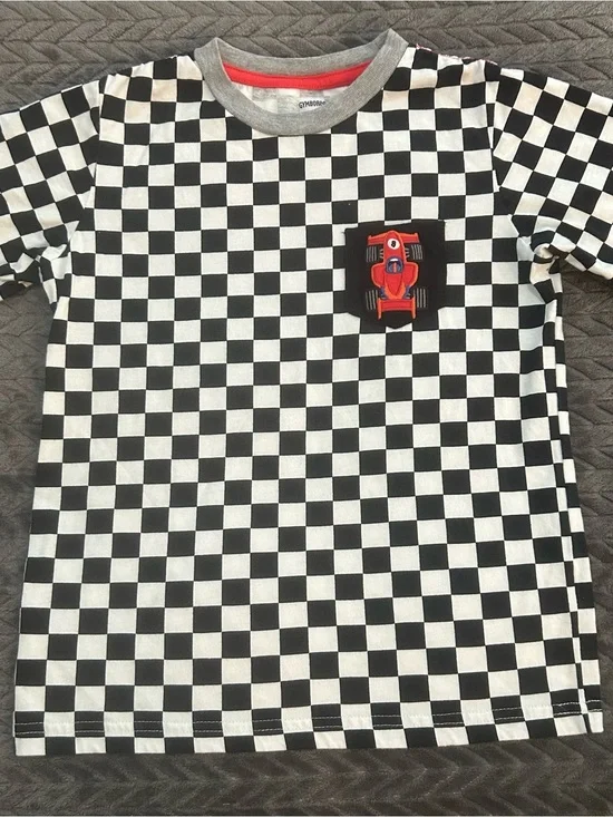 Gymboree Black & White Checkered Tee with Red Racecar Patch