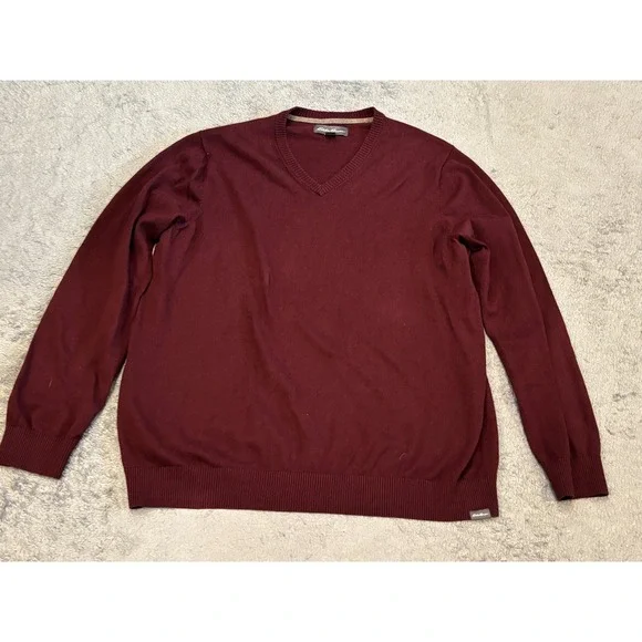 Eddie Bauer Sweater Men’s T2XL Tall Maroon V Neck Merino Wool Blend L/S Pullover