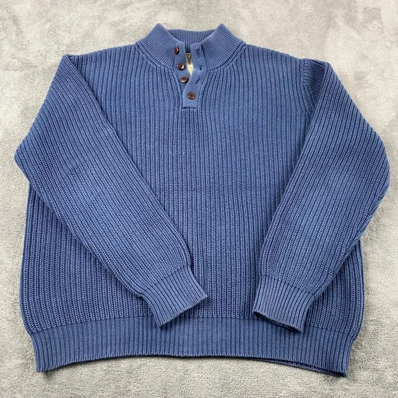 Vtg LL Bean Mens L Sweater Blue Cotton Shaker Stitch Mock Neck Quarter Button
