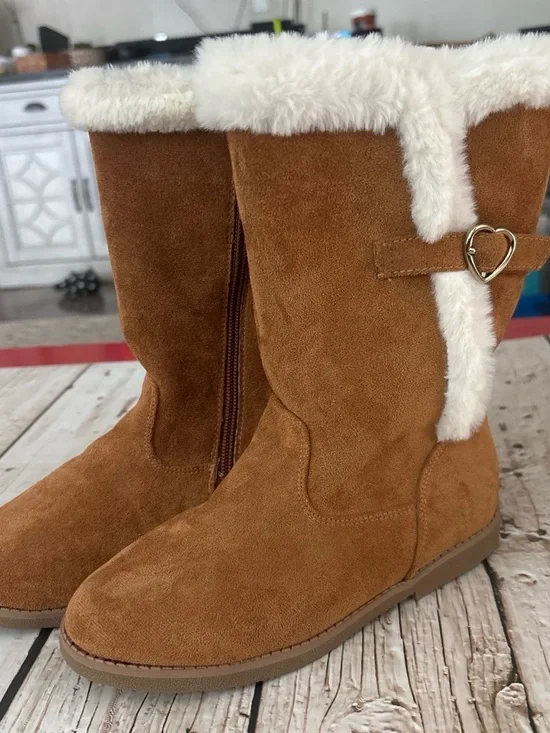Gymboree Tan Faux-Suede Winter Boots with Cream Faux-Fur Trim