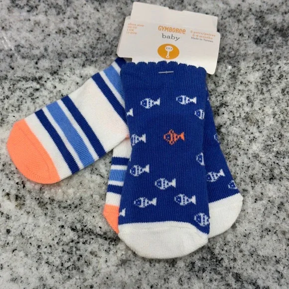 Gymboree Baby 3-6 Months 2-Pack Socks Blue Fish Striped Nautical Coastal‎ Preppy