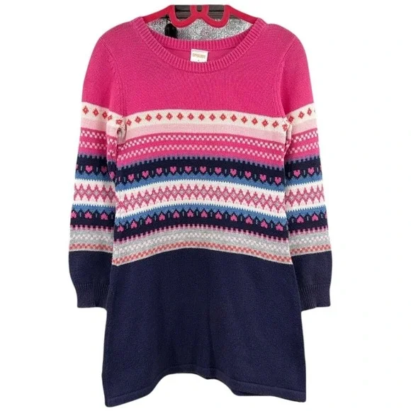 Gymboree Sweater Dress Girls 5 Pink Navy Fair Isle Heart Knit Cotton Preppy