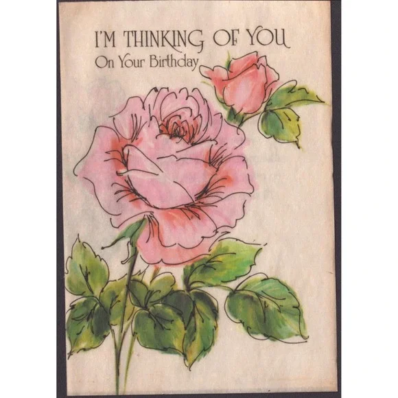 Vintage 1970s Hallmark Birthday Greeting Card Pink Rose Floral Watercolor Used
