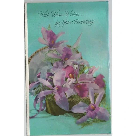 Vintage 1950s Hallmark Birthday Greeting Card Purple Orchids Floral Basket VG
