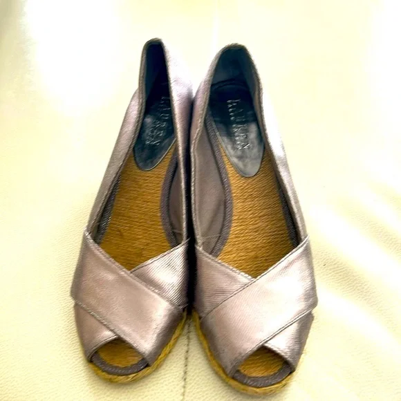 Ralph Lauren Cecilia Metallic Peep Toe Espadrille 7.5 Wedges Stacked Heel Preppy