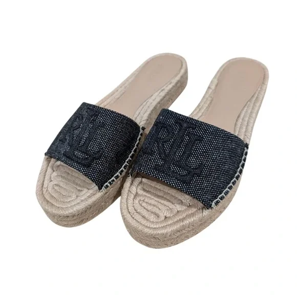 Lauren Ralph Lauren Polly Logo 2 Espadrille Slide Sandals‎ Natural Black 7B NIB