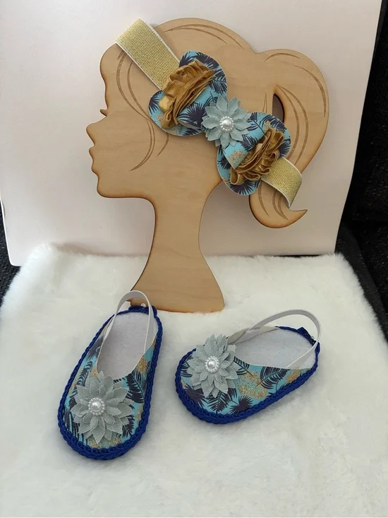 NATURAL LIFE Blue Floral Baby Shoes with Gold Accents and Headband
