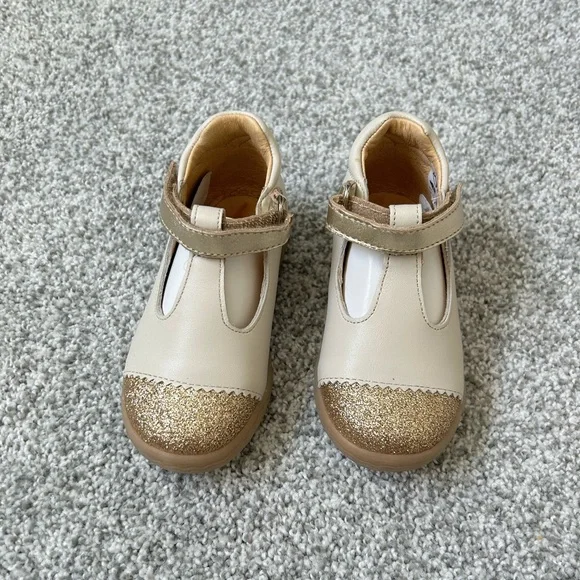 Girls Cream Mary Jane Shoes with Gold Glitter Toe