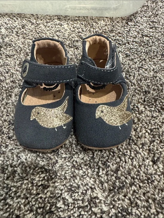 Toddler Navy Mary Jane Shoes with Gold Glitter Bird Accent