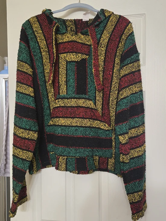 Men's Striped Hooded Poncho in Black, Green & Red Size Large
