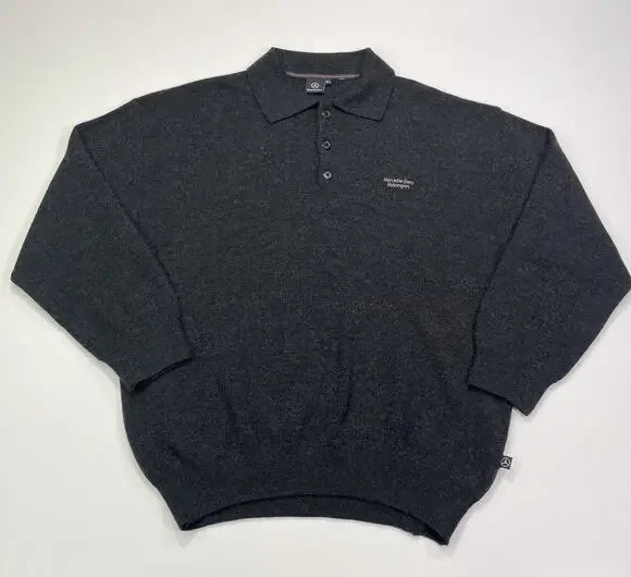 Mercedes Benz Merino Wool Sweater Mens XL Vtg Button Collar Gray