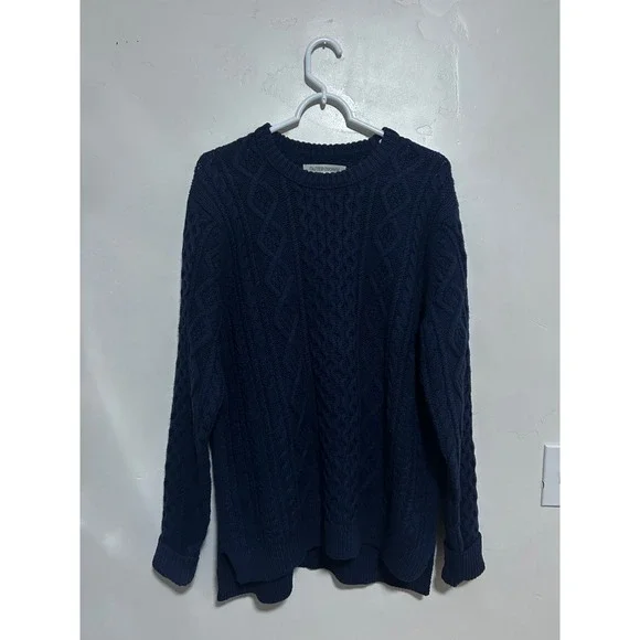 Outerknown Mens Navy Blue Wool Organic Cotton Cable Knit Fisherman Sweater L