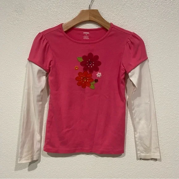 Kids Gymboree Girls Pink White Floral Embroidered Flower Long Sleeve Shirt 10