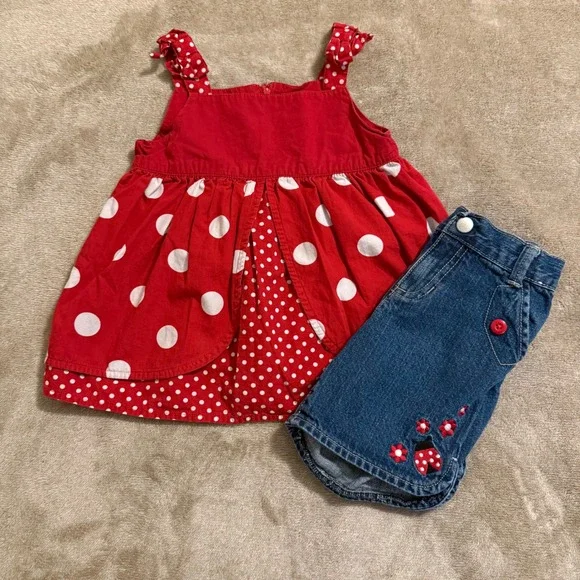 Gymboree Girls Red Polka Dot Top and Ladybug Denim Shorts Set Size 5