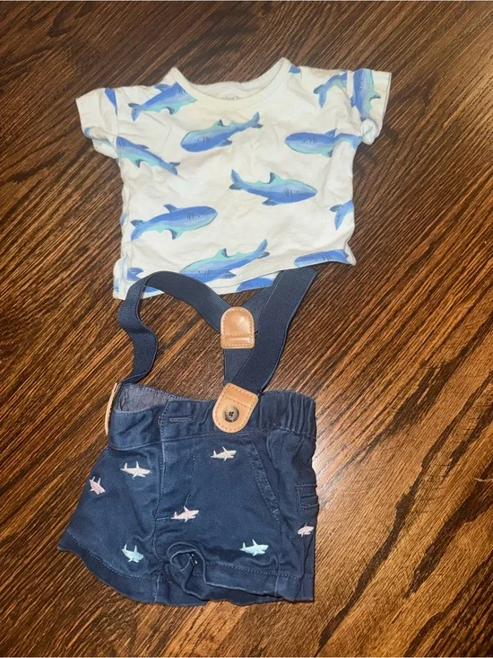 NB Carters Blue Shark Print Baby Shirt and Gymboree Navy Shorts with Suspenders