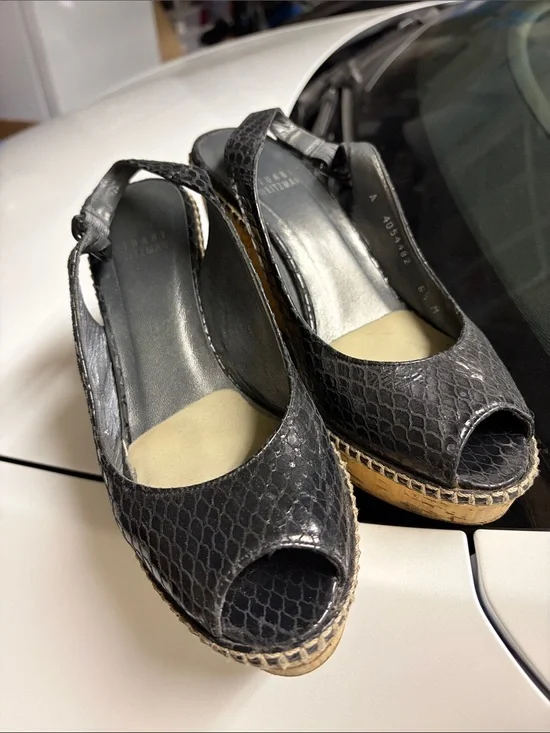 Stuart Weitzman Black Snakeskin Peep-Toe Espadrille Wedges