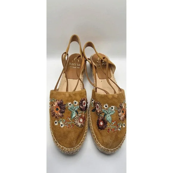 Kanna Spain Tan Suede Floral Embroidered Espadrille Slingback Flats Size 41