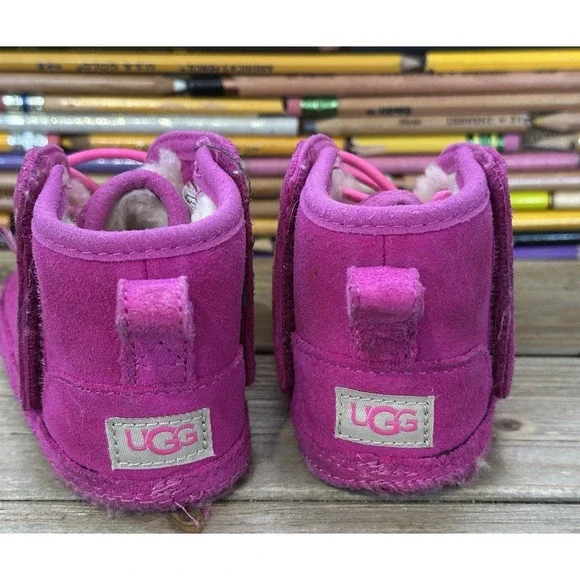 UGG Suede Pink Baby Booties Neumel Colorful Fleece Lined Easy On Off Infant Sz 5