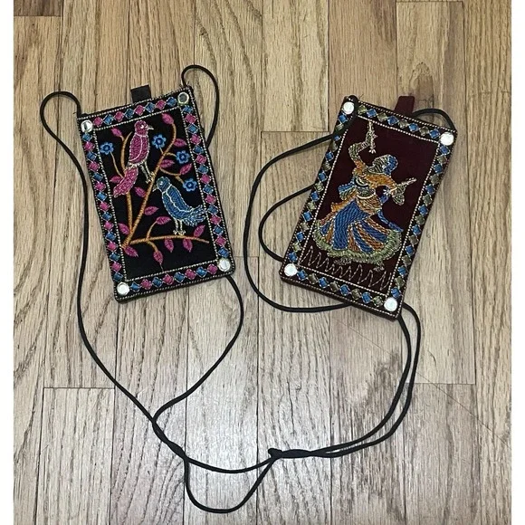 Rajasthani Embroidered Phone Purse Of A‎ Dancer / Tropical BirdsFloral 2pcs