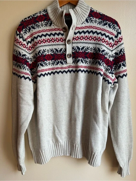 IZOD Men’s Large Fair Isle Nordic Pullover Sweater Quarter Button Gray Red Navy