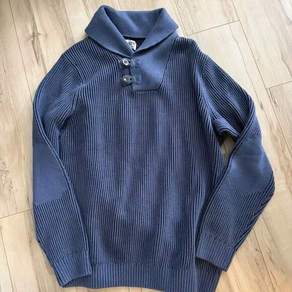Duluth Trading Knit Pullover Sweater Blue Shawl Neck Buttons Wool Blend Size L