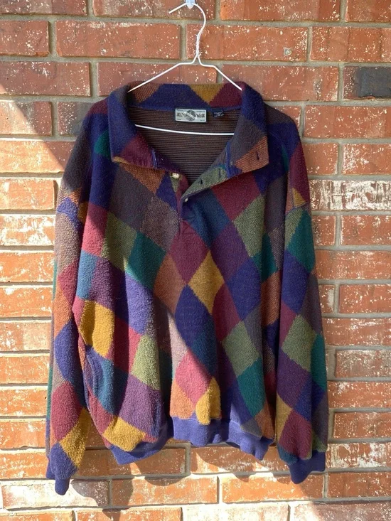 Structure Multicolor Argyle Zip-Neck Sweater in Purple, Green, Gold, Burgundy