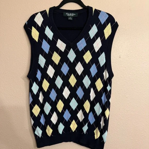 Brooks Brothers Country Club Argyle Sweater Vest Navy Blue Silk Cotton Mens M