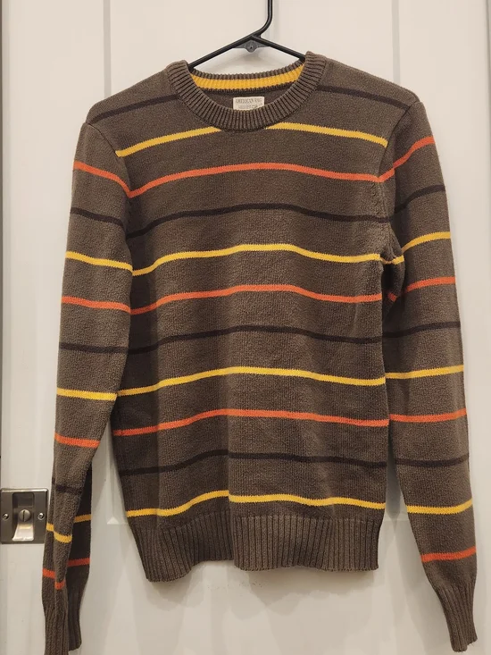 American Rag Brown Crewneck Sweater with Yellow & Orange Stripes