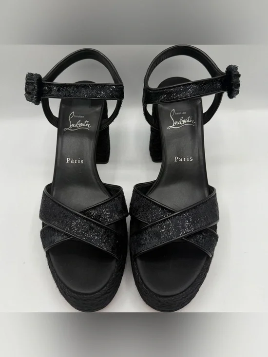 NIB Christian Louboutin Black Espadrille Calakala Platform Chunky 85 mm Heels