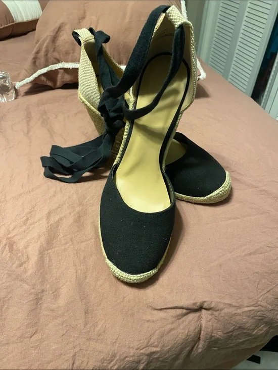 JustFab Black Espadrille Wedge Sandals with Ankle Wrap