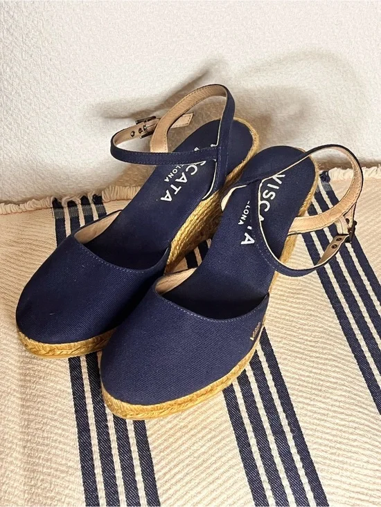 Viscata Barcelona Navy Canvas Espadrille Wedge Sandals with Ankle Strap