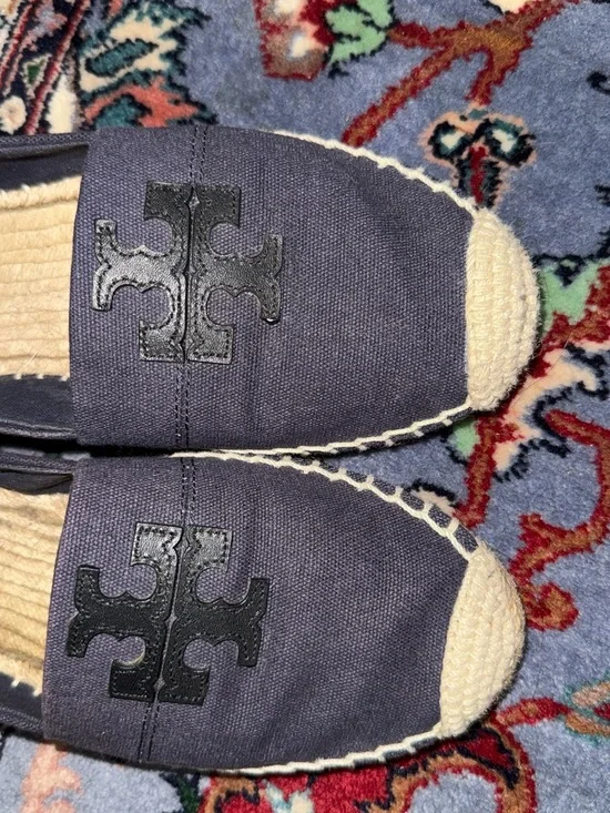 Tory Burch Weston Espadrille Flats Navy Canvas Logo Sz 9