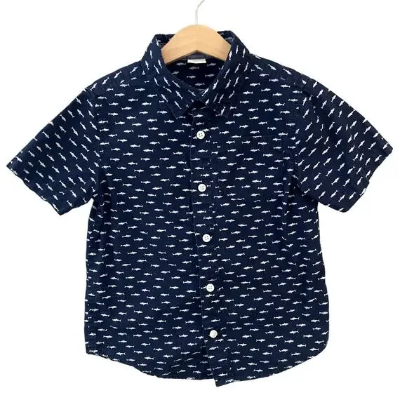 Gymboree Short Sleeve Button Front Oxford - Sharks Fish - Navy Blue - 5T
