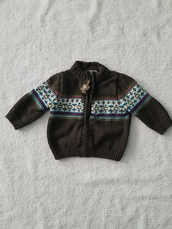Baby Fair Isle Full Zip Cardigan Sweater Green w/ Monkey Zipper Pull Size 3-6 M