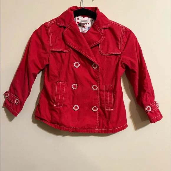 Gymboree girls red double-breasted cotton trench coat size 7 Red w/White‎ stitch