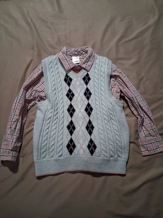 Gymboree Light Gray Argyle Cable Knit V-Neck Sweater Vest Pink Plaid Shirt 4T