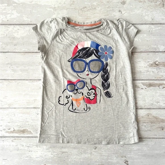 Gymboree 10/12 Girls Gray Short Sleeve Shirt Girl & Dog Print Size 10 12 Kids