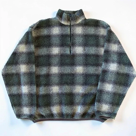 Nautica Men's XL Plaid Quarter Zip Fleece Pullover Brown Gray Outdoor