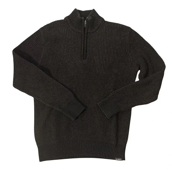 Eddie Bauer Sweater Mens Medium Black Waffle Knit Quarter Zip Cotton Pullover